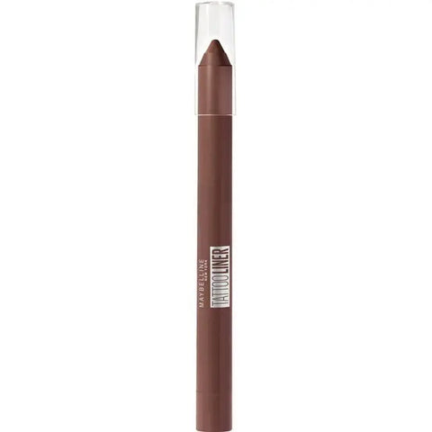 Maybelline Tattoo Liner Gel Pencil in 911 Smooth Walnut, with a close-up of the brown eyeliner pencil on a neutral background.