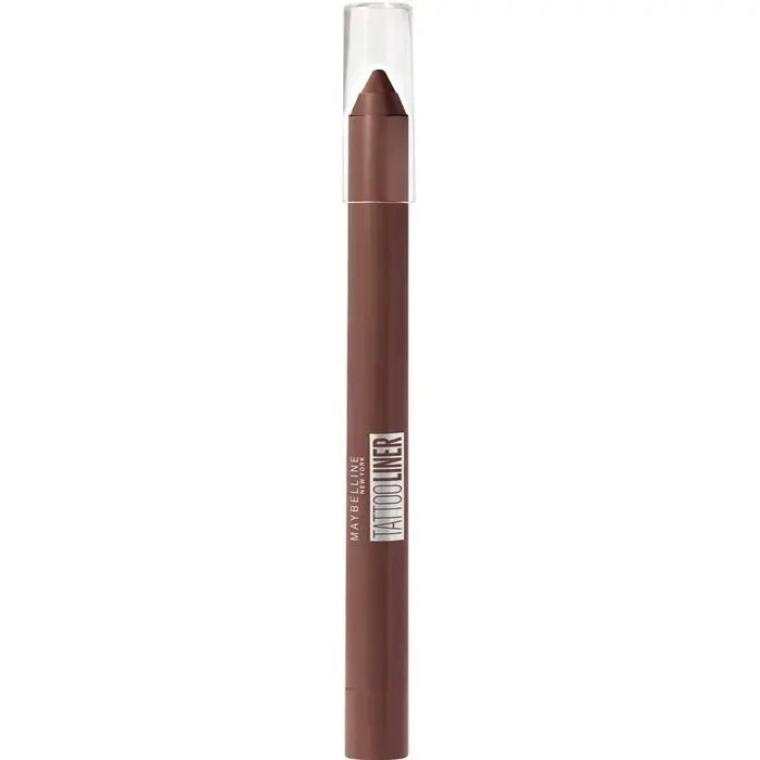 Maybelline Tattoo Liner Gel Pencil in 911 Smooth Walnut, featuring a brown eyeliner pencil with a gel tip, displayed with branding.