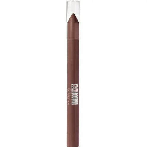 Maybelline Tattoo Liner Gel Pencil in 911 Smooth Walnut, featuring a brown eyeliner pencil with a gel tip, displayed with branding.