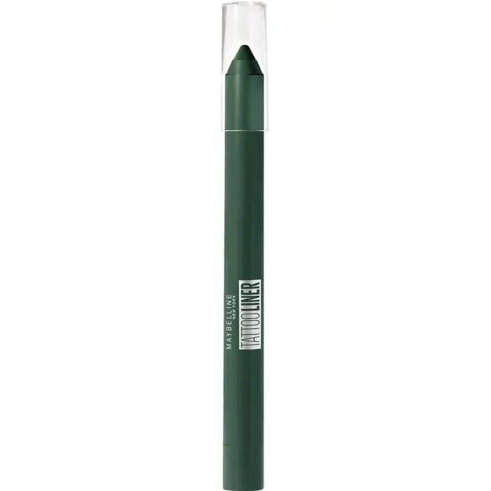 Maybelline Tattoo Liner Gel Pencil in 932 Intense Green with Jag Couture London branding, showing the green eyeliner pencil on a white background.