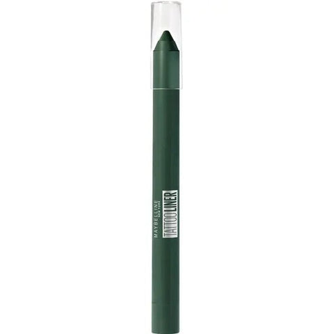 Maybelline Tattoo Liner Gel Pencil in 932 Intense Green with Jag Couture London branding, showing the green eyeliner pencil on a white background.