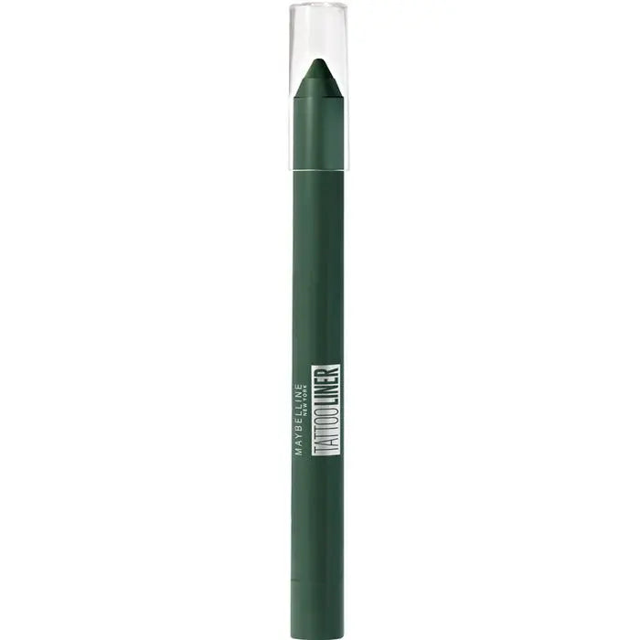 Maybelline Tattoo Liner Gel Pencil in 932 Intense Green, with the green eyeliner pencil displayed on a neutral background.