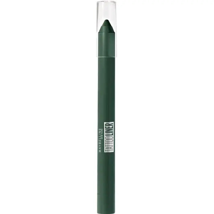 Maybelline Tattoo Liner Gel Pencil in 932 Intense Green, with a close-up of the green eyeliner pencil and its packaging.
