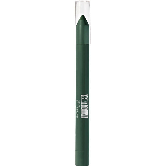 Maybelline Tattoo Liner Gel Pencil in 932 Intense Green, with a close-up of the green eyeliner pencil from Jag Couture London.