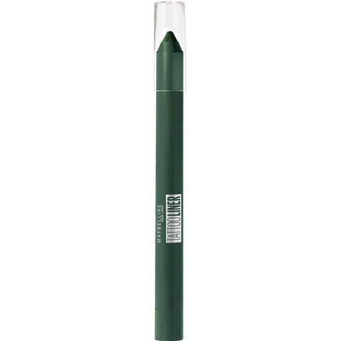 Maybelline Tattoo Liner Gel Pencil in 932 Intense Green, with a close-up of the green eyeliner pencil from Jag Couture London.