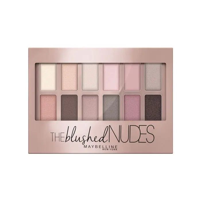 Maybelline The Blushed Nudes eyeshadow palette featuring neutral and pink shades, displayed on a model's eyes.