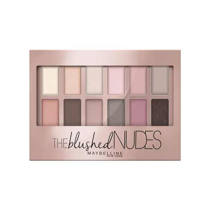 Maybelline The Blushed Nudes eyeshadow palette with neutral and pink shades, displayed on a model's eyes for a natural look.