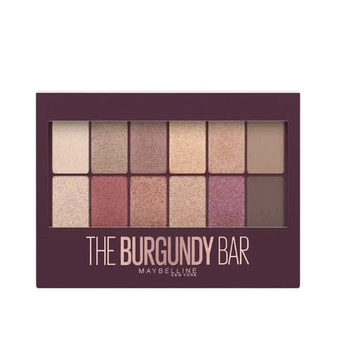 Maybelline Burgundy Bar eyeshadow palette with shades of deep burgundy and neutral tones, in a sleek compact.