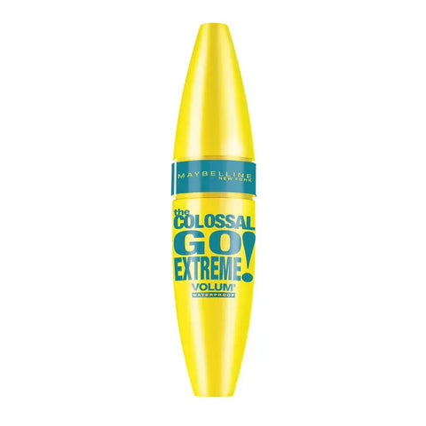 Maybelline The Colossal Go Extreme Waterproof Mascara 9.5ml with bold black bristles and silver tube, displayed in a sleek packaging.