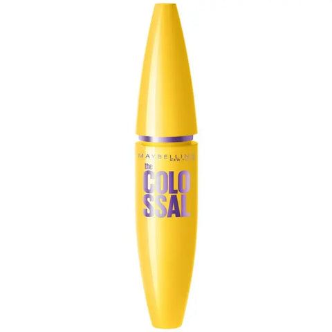 Maybelline The Colossal Volume Express Mascara in black, shown in a sleek tube with a curved brush for voluminous lashes.