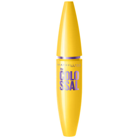 Maybelline The Colossal Volume Express Mascara in black, showcasing the mascara wand and bristles for voluminous lashes.