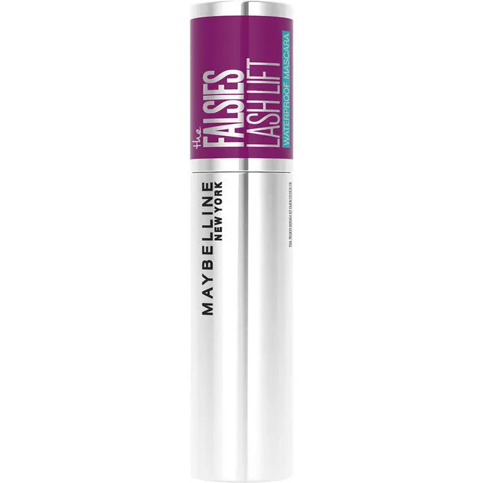 Maybelline The Falsies Lash Lift Waterproof mascara in black applied to eyelashes, showcasing full, lifted lash effect.