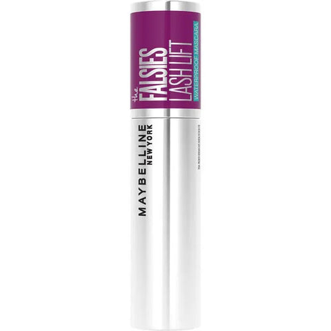 Maybelline The Falsies Lash Lift Waterproof Mascara in black, showcasing the mascara wand and brush application.