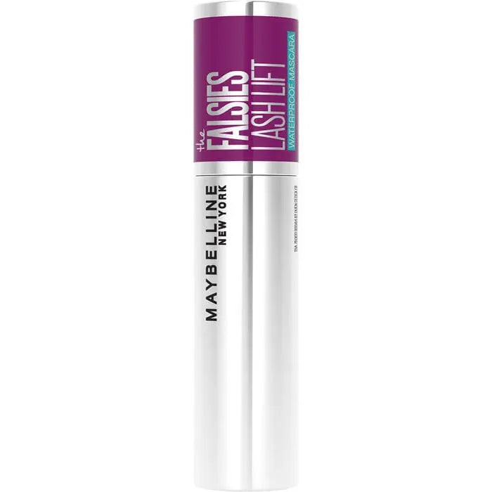 Maybelline The Falsies Lash Lift Waterproof Mascara in black, showing the mascara tube and applicator with a focus on the product.