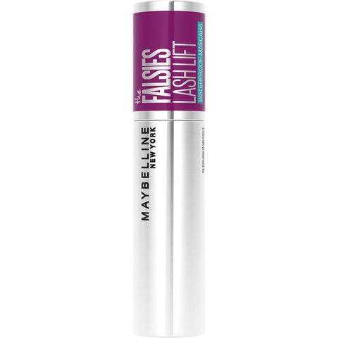 Maybelline The Falsies Lash Lift Waterproof Mascara in black, showcasing the mascara wand and tube against a neutral background.