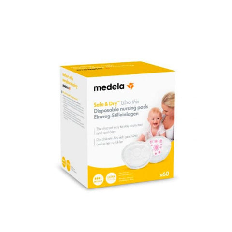 Medela Safe & Dry disposable absorbent discs by Jag Couture London - New York, 60-pack, shown in a close-up image.
