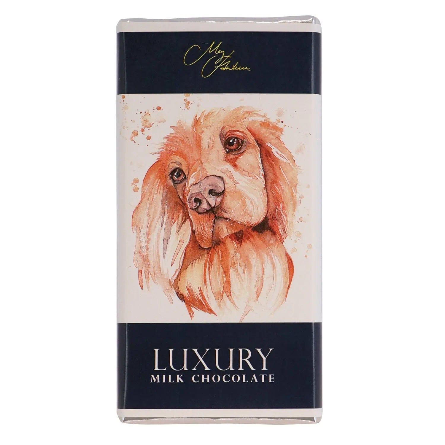 Milk chocolate bar featuring Meg Hawkins Cocker Spaniel design by Jag Couture London - New York, with detailed dog illustration on the packaging
