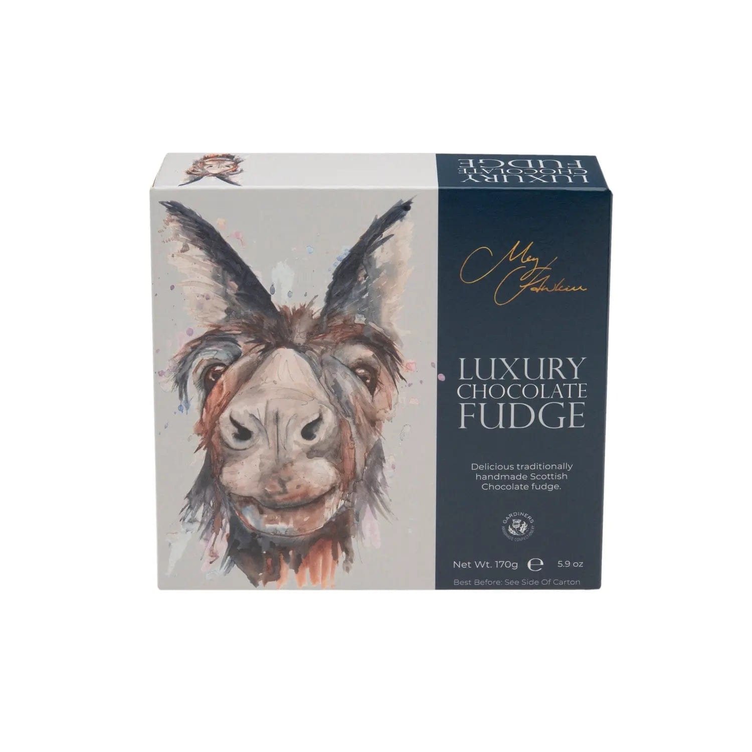 Meg Hawkins Donkey carton of chocolate fudge by Jag Couture London - New York, featuring a playful donkey illustration on the packaging.