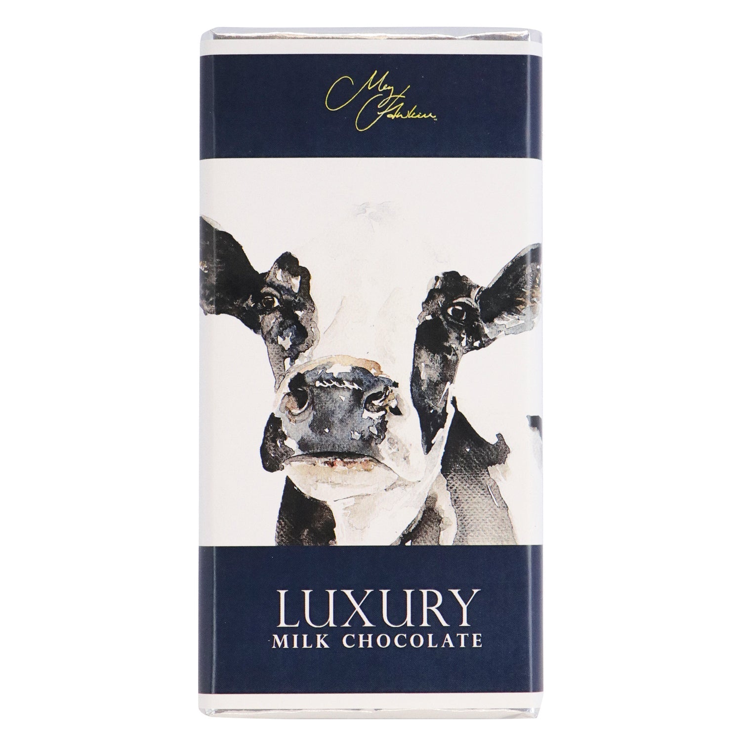 Milk chocolate bar featuring Meg Hawkins Friesian Cow design from Jag Couture London New York, with detailed cow illustration on the packaging.