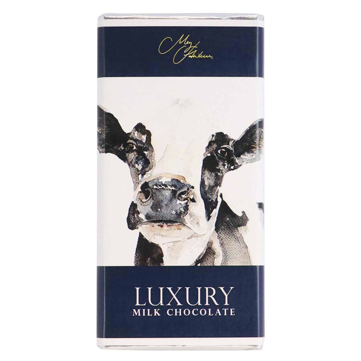 Milk chocolate bar featuring Meg Hawkins Friesian Cow design from Jag Couture London New York, with detailed cow illustration on the packaging.