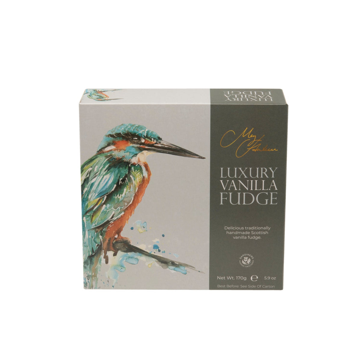 Meg Hawkins Kingfisher vanilla fudge carton by Jag Couture London - New York, featuring a colorful packaging design.
