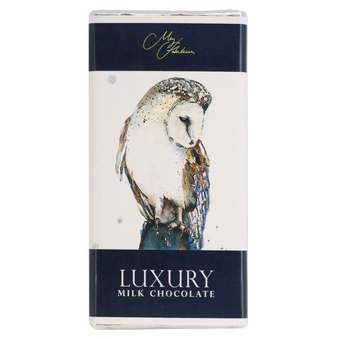Milk chocolate bar featuring Meg Hawkins owl design, by Jag Couture London New York, with detailed owl illustration on the packaging.