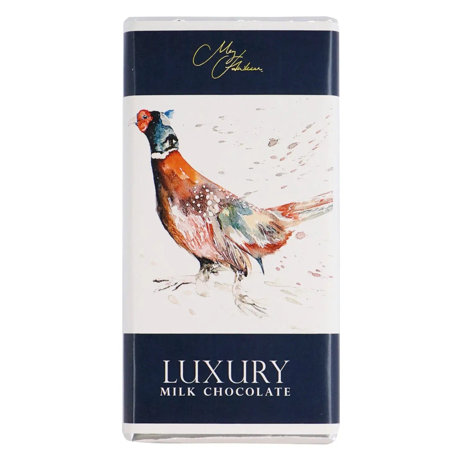 Milk chocolate bar featuring Meg Hawkins Pheasant design by Jag Couture London New York, with detailed bird illustration on the wrapper.