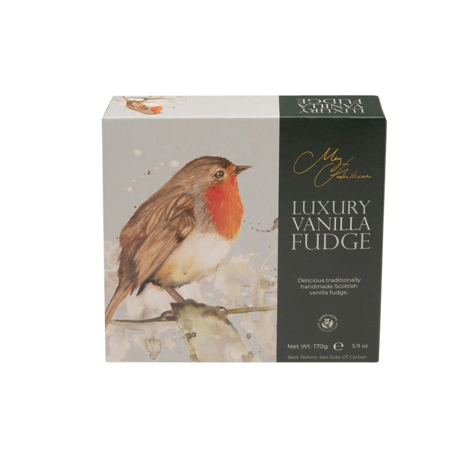 Meg Hawkins Robin carton of vanilla fudge by Jag Couture London New York, featuring creamy vanilla fudge in a colorful carton.