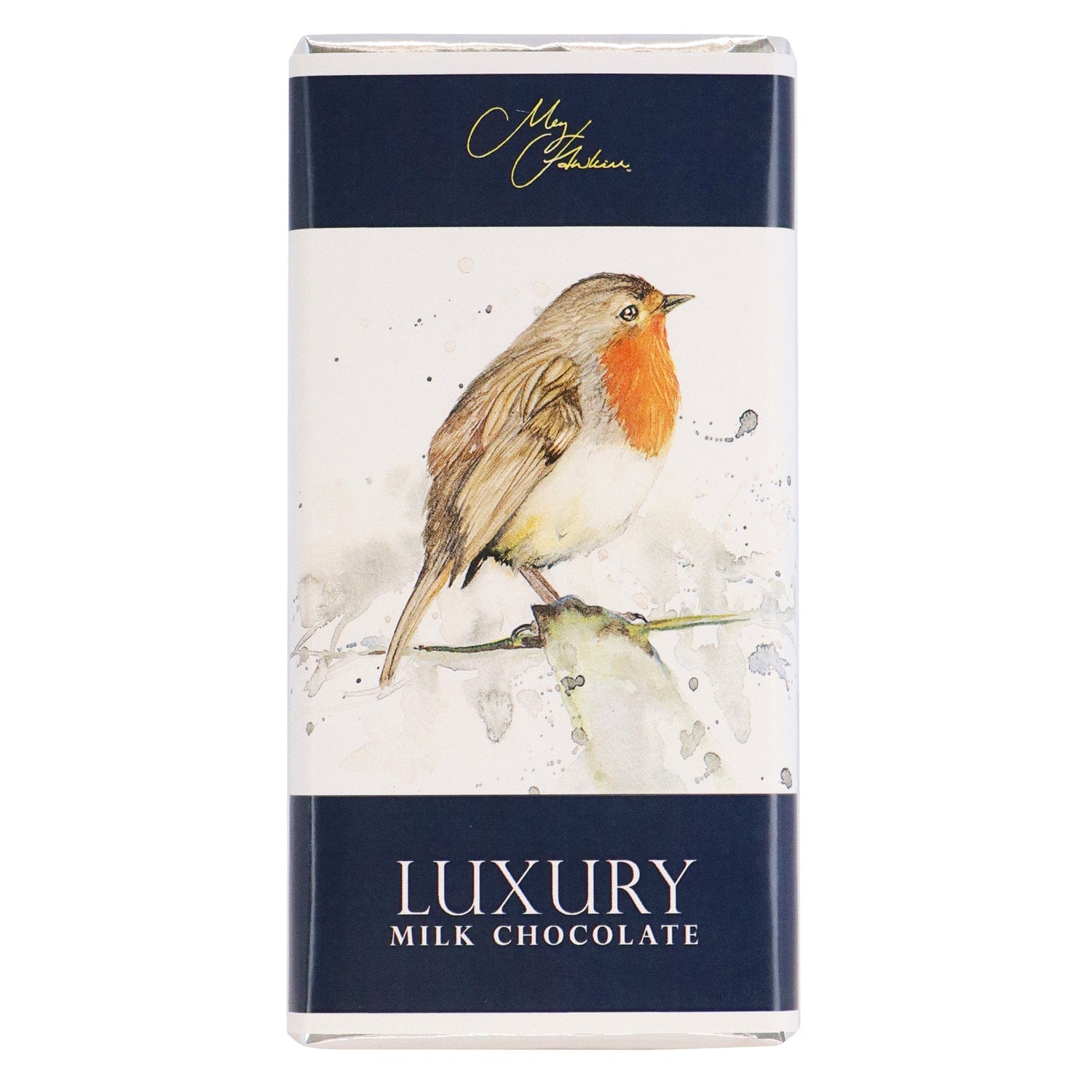 Milk chocolate bar featuring Meg Hawkins Robin design by Jag Couture London New York, with detailed Robin illustration on packaging.