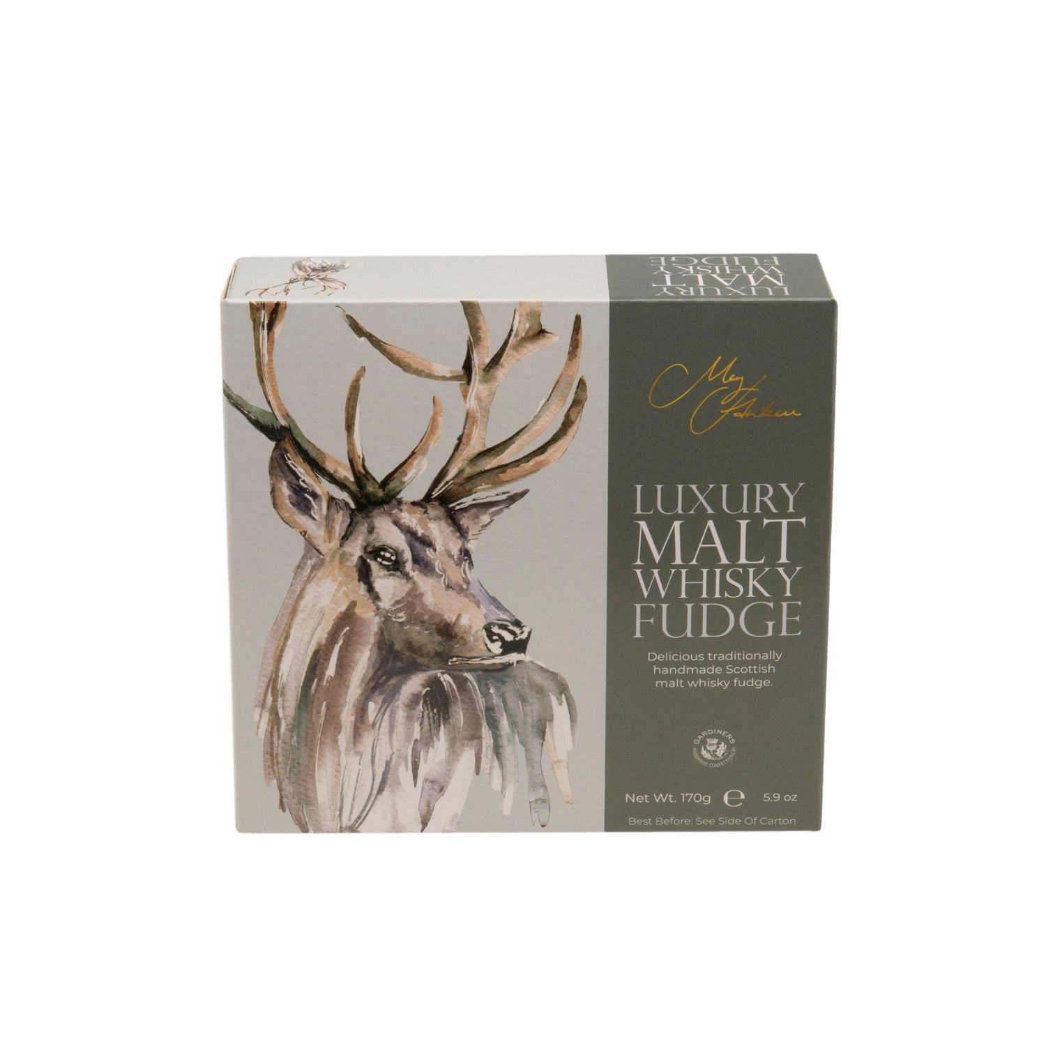 Meg Hawkins Stag malt whisky fudge from Jag Couture London-New York, shown in a carton with rich, creamy fudge pieces.