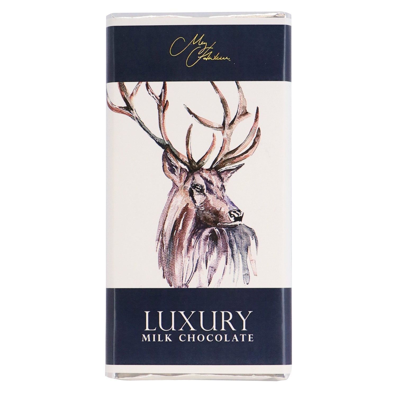 Milk chocolate bar featuring Meg Hawkins stag design by Jag Couture London New York, with intricate stag artwork on the packaging.