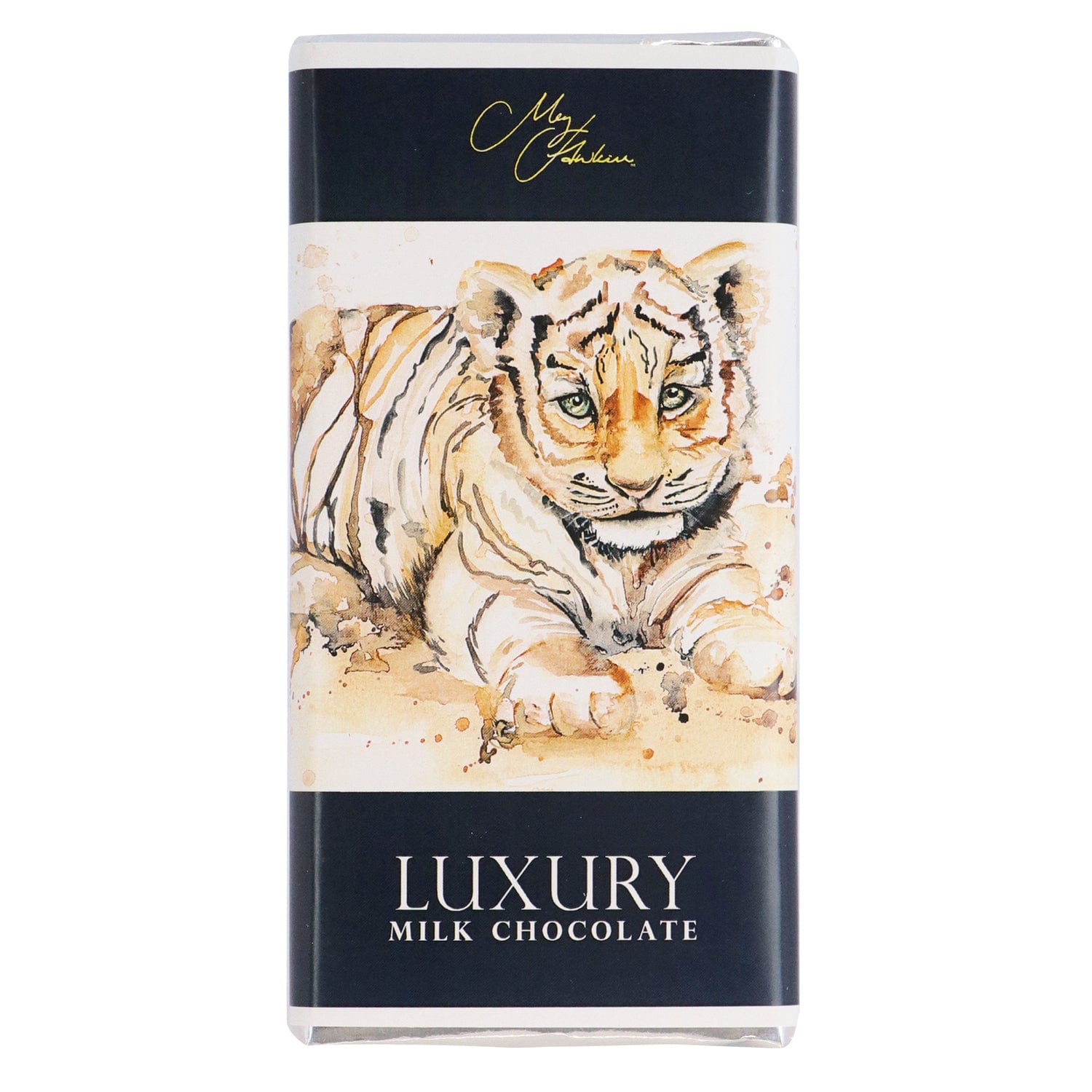 Milk chocolate bar featuring Meg Hawkins Tiger Cub design by Jag Couture London New York, with detailed tiger artwork on the wrapper.