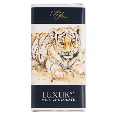 Milk chocolate bar featuring Meg Hawkins Tiger Cub design by Jag Couture London New York, with detailed tiger artwork on the wrapper.