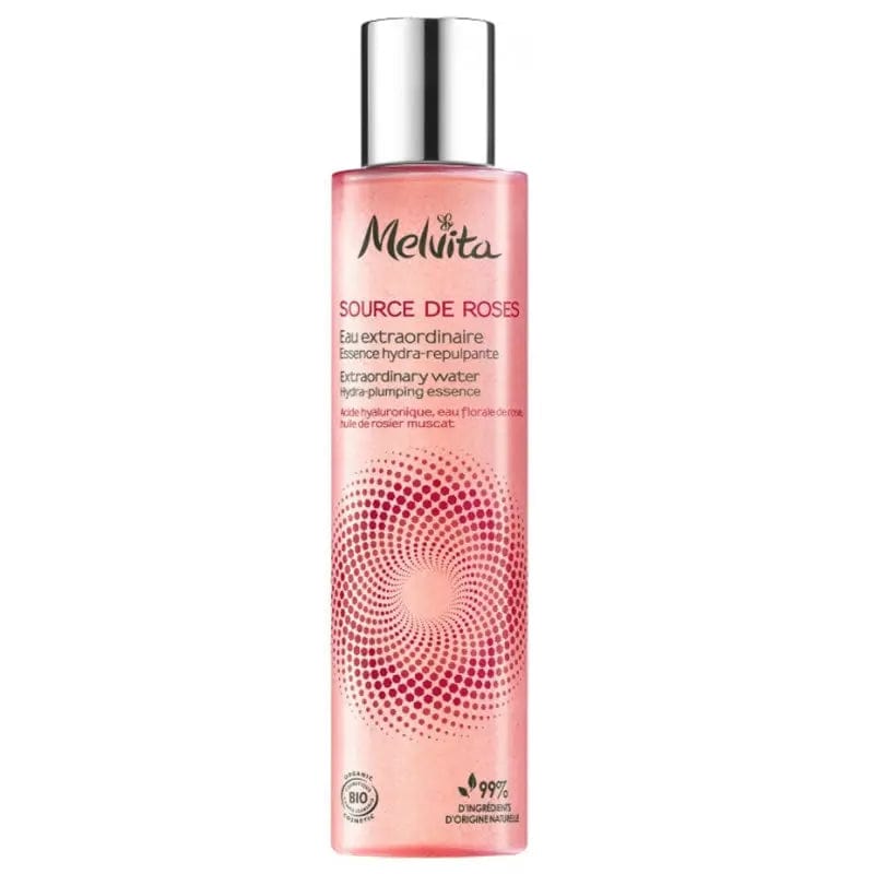 Melvita Extraordinary Rose Water Bio in 150ml bottle, natural floral facial toner with soothing rose extract from Jag Couture London.