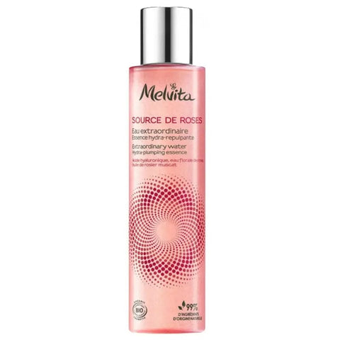 Melvita Extraordinary Rose Water Bio in 150ml bottle, natural floral facial toner with soothing rose extract from Jag Couture London.