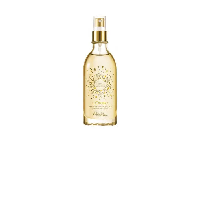 Melvita L'Or Bio Extraordinary Oil in 100ml bottle, natural skincare oil with nourishing properties, shown in a sleek glass container.
