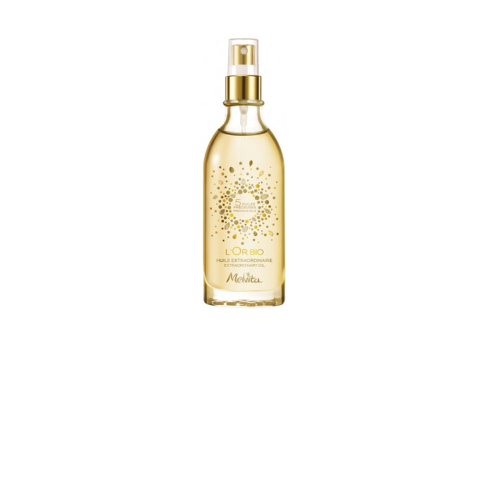 Melvita L'Or Bio Extraordinary Oil 100ml bottle with gold accents, showcasing luxurious natural skincare product.