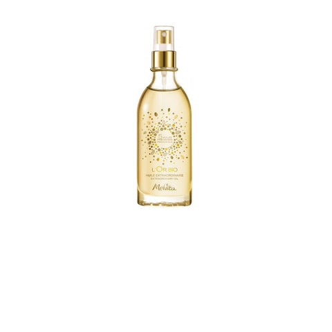 Melvita L'Or Bio Extraordinary Oil 100ml bottle with gold accents, showcasing luxurious natural skincare product.