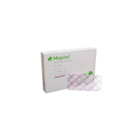 Sterile Mepiform Mepitel dressing by Jag Couture London, 5x7.5 cm, pack of 10, used for wound protection and healing.