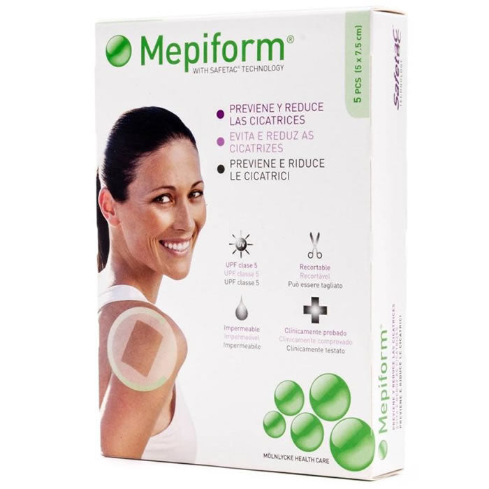 Jag Couture London Mepiform scars treatment packs, five 5x7.5cm silicone sheets for scar management.