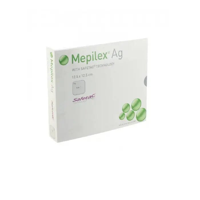 Mepilex Ag wound dressing, 12.5x12.5 cm, 5 units, sterile silicone foam with silver antimicrobial for advanced wound care.
