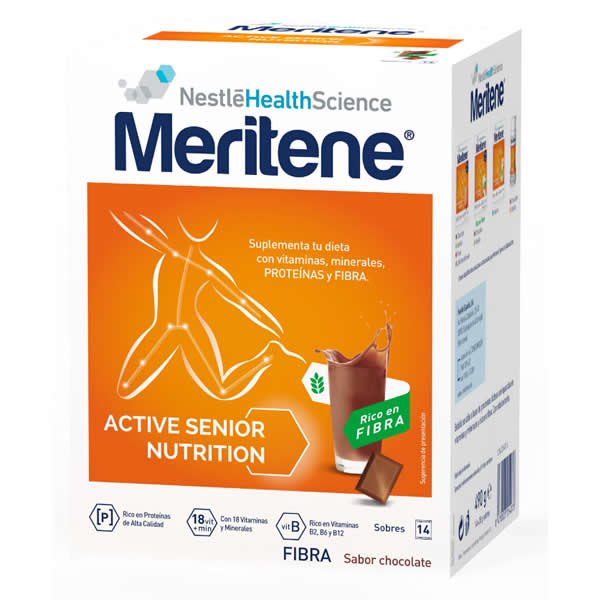 Chocolate-flavored Meritene Active Senior Nutrition shake in a pack of 14 sachets, featuring high fiber content, by Jag Couture London New York.