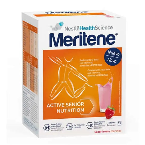 Fresa-flavored Meritene Active Senior Nutrition shake in a box of 15 sachets, designed for senior health and wellness.