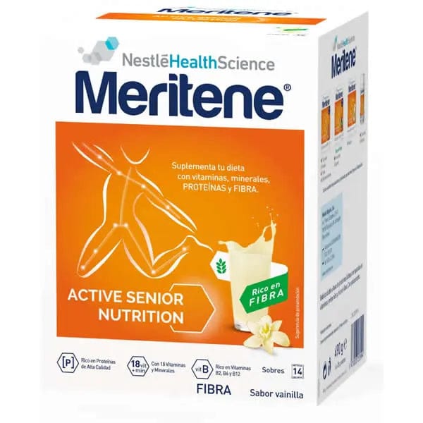 Meritene Active Senior vanilla-flavored nutritional shake powder with fiber in a box of 14 sachets, by Jag Couture London New York.