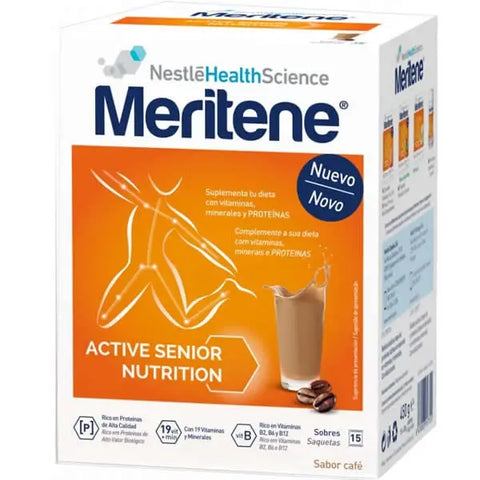 Decaffeinated coffee-flavored Meritene shake powder sachets by Jag Couture London New York, 15 single-serving packets.