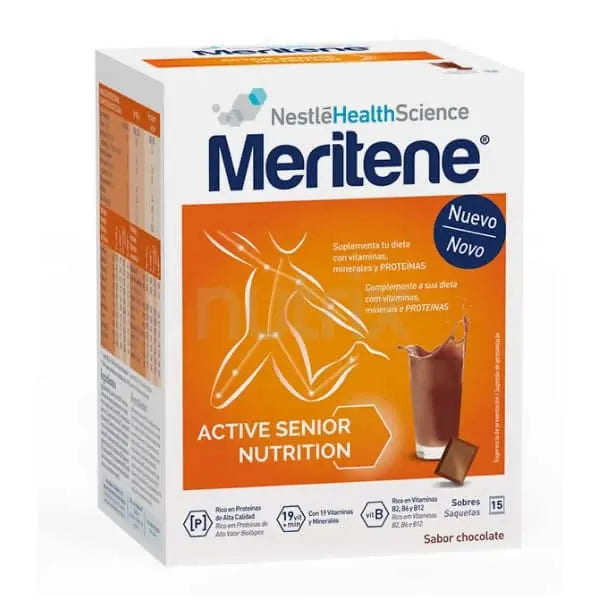 Chocolate-flavored Meritene Batidos in 15 sachets by Jag Couture London New York, showing the sachets with chocolate drink powder.