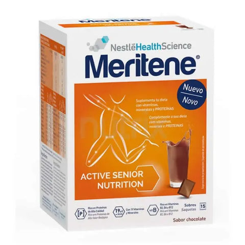 Chocolate-flavored Meritene Batidos in a box of 15 sachets, featuring the Jag Couture London - New York branding.