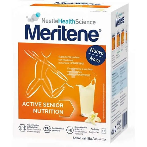 Vanilla-flavored Meritene Batidos in a box of 15 sachets, by Jag Couture London - New York, displayed in the image.