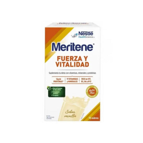 Box of Meritene Strength and Vitality Vanilla flavor nutritional supplements by Jag Couture London - New York, showing 15 individual packets.