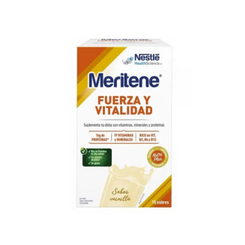 Jar of Meritene Strength and Vitality vanilla-flavored nutritional supplement from Jag Couture London New York, 15x30g packs.